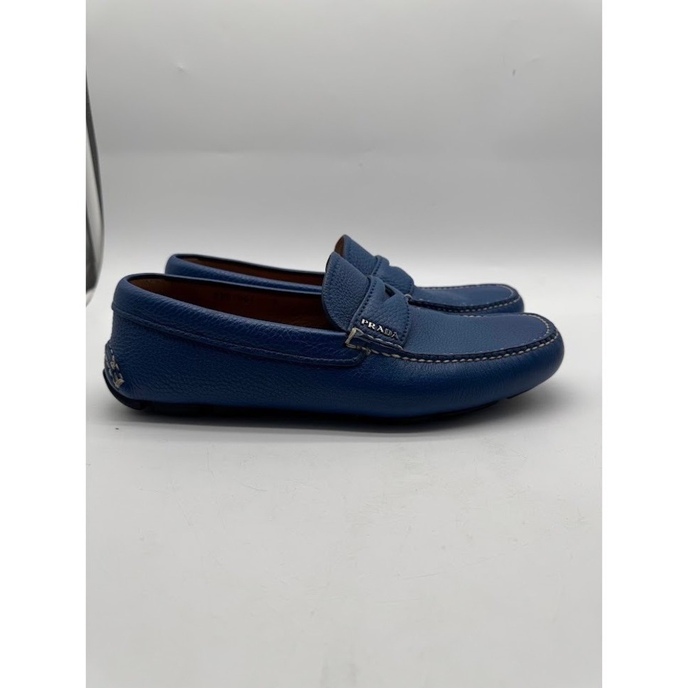 Prada 2DD001 Mens Blue Pebbled Leather Driving Loafers Made in Italy Size 7 US 8